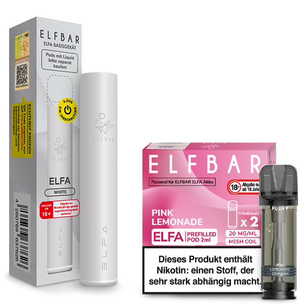 ELFBAR ELFA Pod Kit 500 mAh Akku - White + ELFA Pink Lemonade 20mg Nikotin 2er Pack
